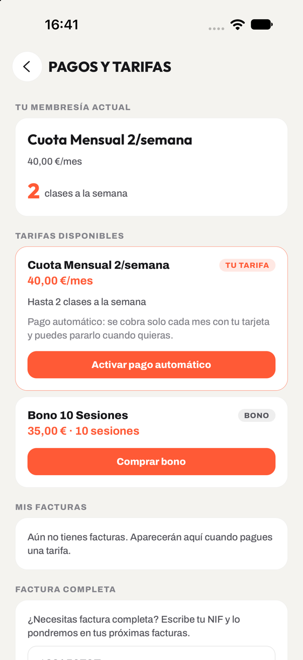 Pantalla de pagos y tarifas del socio